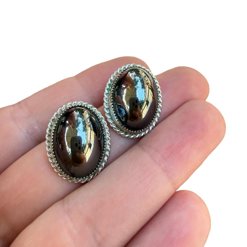 Vintage Whiting Davis Hematite Oval Cabochon Silver Tone Clip Earrings